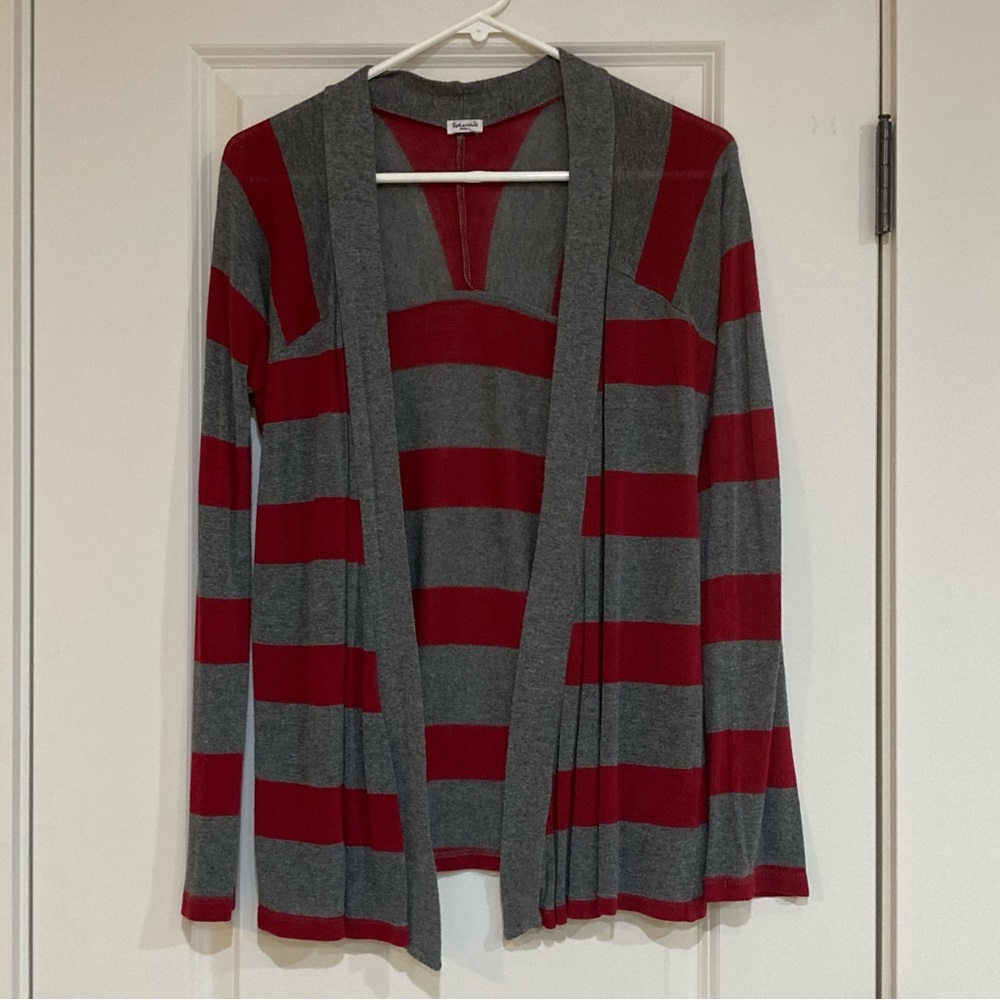 Gray and Red Striped Long Cardigan